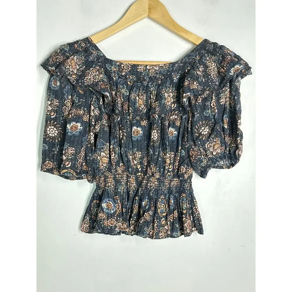 Ulla Johnson Warner Top Floral Puff Sleeve Peplum Babydoll Top Dark Blue 2
